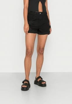 Best Pirce ✨ Hollister Co. MOM CURVY DESTROY STRINGS - Denim Shorts - Black Dest 🛒