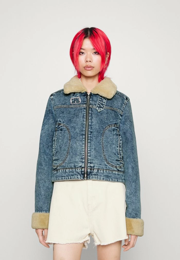 New 🌟 Hollister Co. CROP COZY BIKER - Denim Jacket - Medium Indigo 🤩