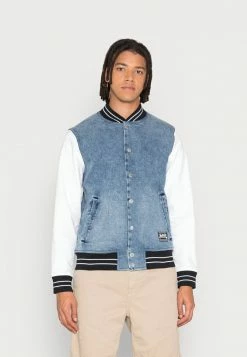 Coupon 🤩 Hollister Co. Bomber Jacket - Light Wash Cream Sleeves 🛒